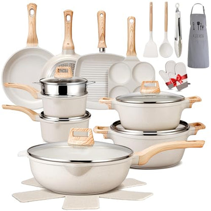 AOSION 27PCS Pots and Pans Set, Nonstick Ceramic Cookware Set, Healthy Kitchen Cooking Set with Gloves, Apron, Silicone Tools & Pot Protectors, Oven & Dishwasher Safe, PFOA/PFOS Free，Ivory