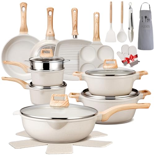 AOSION 27PCS Pots and Pans Set, Nonstick Ceramic Cookware Set, Healthy Kitchen Cooking Set with Gloves, Apron, Silicone Tools & Pot Protectors, Oven & Dishwasher Safe, PFOA/PFOS Free，Ivory