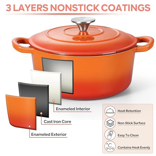 Herogo Enameled Cast Iron Dutch Oven with Lid and Dual Handles, 3QT Heavy Duty Round Dutch Oven Pot for Bread Baking Stewing Roasting, Nonstick & Easy Cleanup, Safe for Various Stovetops - Orange