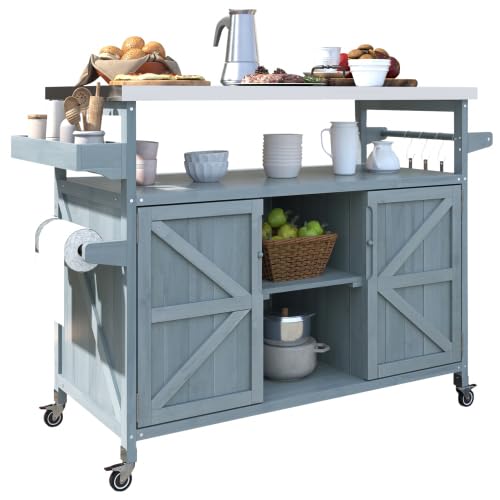 Trygoal Outdoor Grill Cart with Storage, Rolling Bar Cart and Lockable Wheels, Farmhouse Solid Wood Outdoor Grill Table with Stainless Steel Top, Spice Rack, Towel Rack for Kitchen and BBQ, Grey Blue