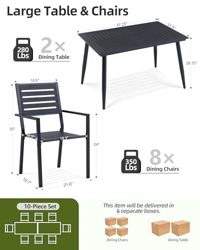 AZXZCS 10-Piece Outdoor Dining Set - Two 47.25" HDPE Patio Tables and 8 Stackable Armrest Chairs - All-Weather Rust-Proof Steel Frame for Garden, Deck(Black)