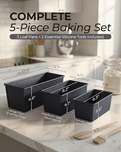 CARTMAN 3-Piece Pullman Loaf Pan with Lid Set – Non-Stick Carbon Steel Bread Pan with Bottom Vents – Includes Large (12.4"), Medium (8.2") & Mini (6.3") Sizes plus Silicone Tools – Classic Black