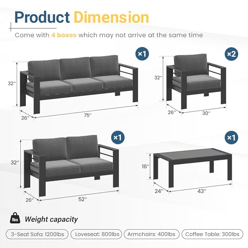 Patio Furniture Set, Aluminum Outside Furniture, Sofa with 10" Back Cushion