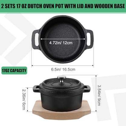 2 Sets Dutch Oven Pot with Lid and Wooden Base Pre Seasoned Cast Iron Casserole Mini Cast Iron Pot Round Cocotte with Handle Heavy Duty Cookware for Christmas Thanksgiving Party Gift Black(17 Oz)