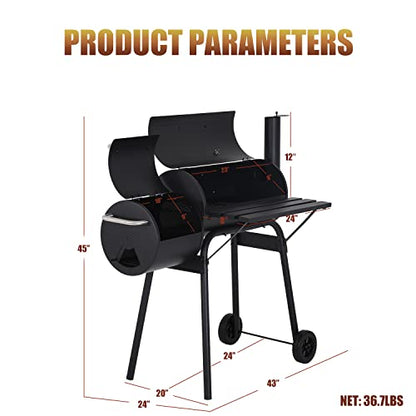 Charcoal Grills Outdoor BBQ Grill Offset Smoker with Wheels Side Fire Box Portable Barbecure Grill for Outdoor Cooking Backyard Camping Picnics,Black
