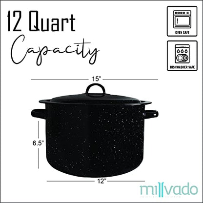 Millvado Granite 12 Qt Stockpot, Nonstick Soup Pot With Lid, Speckled Enamel Ware Cookware, Large Stock Pot For Boiling and Cooking, Big Granite Cooking Pot for Stovetop, Campfire, Outdoor Stove