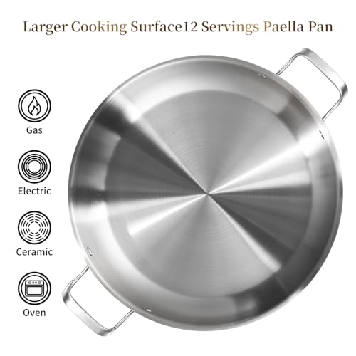 DELARLO Paella Pan 14 Inch Tri-Ply Stainless Steel Paella Pan with Lid, Jumbo Frying Pan, kitchen Induction Large Skillets,Great for Paella Parties Indoors Outdoors,Heavy Duty Style