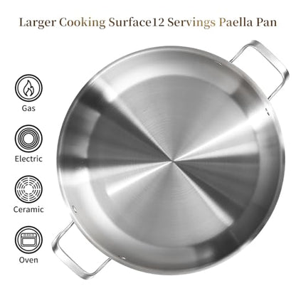 DELARLO Paella Pan 14 Inch Tri-Ply Stainless Steel Paella Pan with Lid, Jumbo Frying Pan, kitchen Induction Large Skillets,Great for Paella Parties Indoors Outdoors,Heavy Duty Style