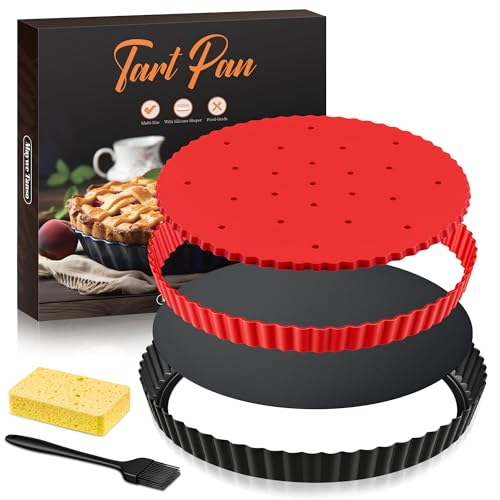 Tart Pan Kit,9 Inch Tart Pans with Removable Bottom,Non-stick Fluted Quiche Pan with Silicone Crust Shaper,Pie Weights,Brush,Sponges,Quiche Baking Dish Tart Molds For Baking Fruit Tarts,Pies & Quiches