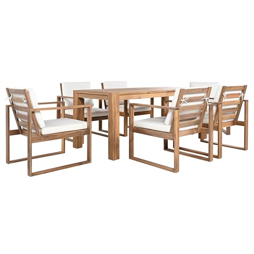 Hlcodca 7 Piece Patio Dining Table Set with Umbrella Hole, Outdoor Acacia Wood Furniture Set with Removable Cushion for Garden, Backyard, Lawn, Poolside (Beige,Light Teak)