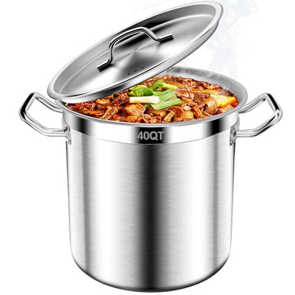Stockpots-40QT Large Stock Pot Stainless Steel Stockpot with Lid, Heavy Duty Tri-Ply Bottom Commercial Grade Stock Pot for Boiling Cooking Soup Stew Canning Cooking Pots,Big Stockpot, Deep Cookware