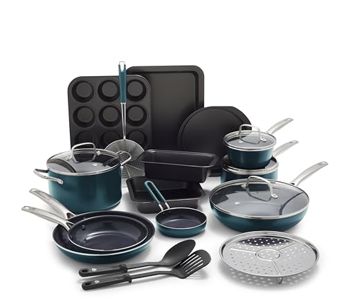 Blue Diamond 20 Piece Cookware and Bakeware Set, Diamond Infused PFAS-Free Ceramic Nonstick Pots and Pans, Durable Nontoxic Metal Utensil Safe & Scratch Resistant, Dishwasher & Oven Safe, Green