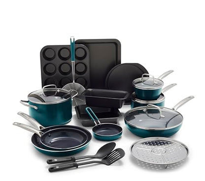 Blue Diamond 20 Piece Cookware and Bakeware Set, Diamond Infused PFAS-Free Ceramic Nonstick Pots and Pans, Durable Nontoxic Metal Utensil Safe & Scratch Resistant, Dishwasher & Oven Safe, Green