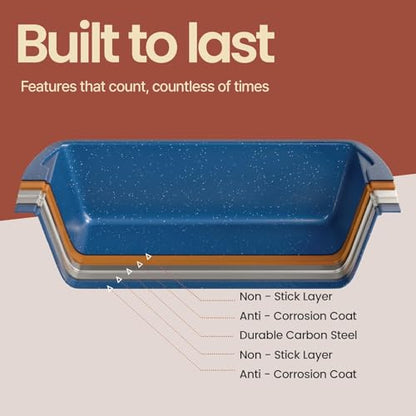 Nonstick Loaf Pan Set Pack of 4, Carbon Steel 11" Large Baking Bread Pan, Oven Safe Up to 450°F, PFOA, PFOS, PTFE Free, Space Saving Stackable Design, Stain Resistant, Dishwasher Friendly, Blue Marble