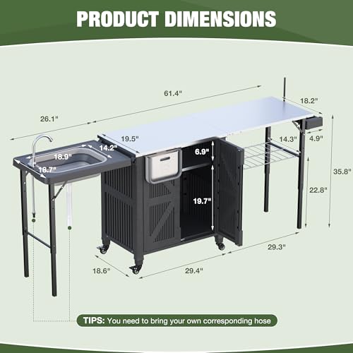 3-in-1 Outdoor Grill Cart with Sink & Faucet, Stainless Steel Top Outdoor Kitchen Island, Prep Table with Foldable Side Table, Storage Cabinet, Rolling Grill Station with Wheels for Patio, Backyard