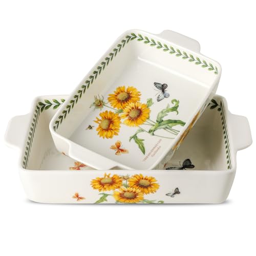 Howise Ceramic Sunflower Baking Casserole Dish with Handles,Large 2 pieces 8x13 inch & 6x10 inch Lasagna Baking Dish and Middle Flower Andplant Baking Pan,Porcelain Serving Bakeware Set