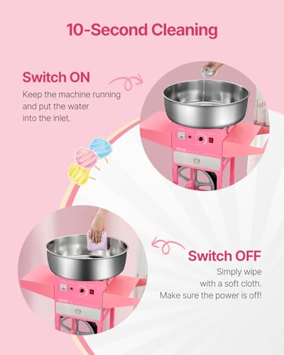 VEVOR Electric Cotton Candy Machine with Cart, 1000W Commercial Candy Floss Maker with 20.5 in Stainless Steel Bowl, Sugar Scoop, and Drawer, Easy to Use, for Home, Kids Birthday, Family Party, Pink