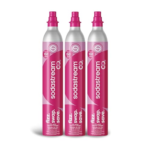 SodaStream CO2 Gas Refill Pack, 3 x 60L Pink Quick Connect Cylinders, Soda Stream CO2 Refill, Makes Up to 180 Liters of Sparkling Water, Compatible with TERRA, ART, ENSO, E-TERRA, E-DUO & More
