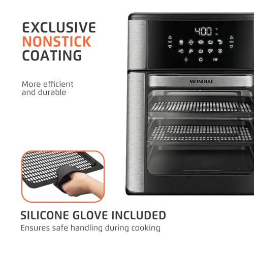 Air Fryer Oven 1800W, 12.7QT Capacity, Touchscreen Panel, Automatic Shut-Off, Toaster + Airfryer – Black & Stainless Steel – Mondial