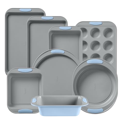 Pyrex 8-Piece Metal Bakeware Set, Lightweight Stainless Steel Baking Trays with Heatsafe Silicone Handles, Cookie & Muffin Sheets, Round/Square Baking Pans, Cerulean