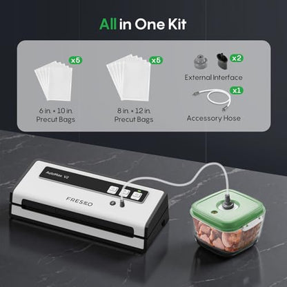 FRESKO Vacuum Sealer Machine with Automatic Bag Detection, 0.2-inch Widened Heating Strip, Compact Food Sealer, Easy to Use, Starter Kit