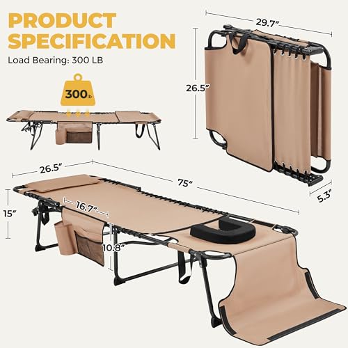 Yaheetech 26.4" Tanning Chair with Face Hole, Adjustable 5-Position Folding Chaise Lounge Chairs, Outdoor Lounge Chairs for Lawn, Beach, Patio, Beige