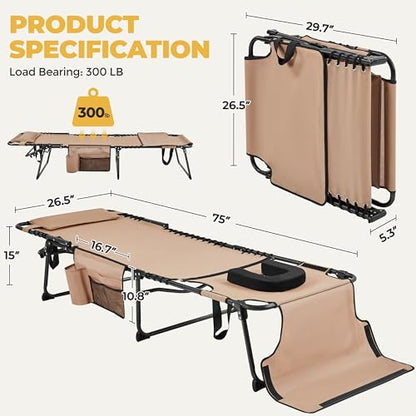 Yaheetech 26.4" Tanning Chair with Face Hole, Adjustable 5-Position Folding Chaise Lounge Chairs, Outdoor Lounge Chairs for Lawn, Beach, Patio, Beige