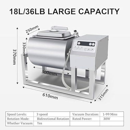 PtaTritious Vacuum Tumbler Marinator, 18L/36LB Meat & Vegetable Vacuum Tumbler Marinating Machine, Food Vacuum Marinator with Bidirectional Rotation & 3-Speed Control, 0-99 Min Time Setting