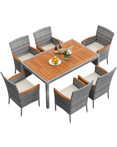 Flamaker 7 Piece Patio Dining Set Outdoor Acacia Wood Table and Chairs with Soft Cushions Wicker Patio Furniture for Deck, Backyard, Garden (Grey)