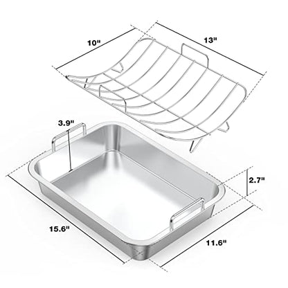 Onlyfire Roasting Pan with U-Rack - Stainless Steel Barbecue Bakeware Roaster, 16 Inch Rectangular Turkey Roaster Lasagna Pan for Roasting Turkey, Chicken, Meat & Vegetables, Oven Safe