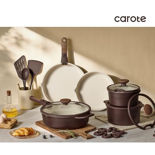 CAROTE 22Pcs Titanium Cookware Set, Pots and Pans Set Non Stick, Kitchen Cooking Set with Detachable Handle, Non Toxic Induction Cookware, Dishwasher/Oven Safe, Brown