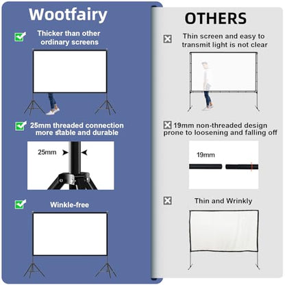 Projector Screen with Stand, Wootfairy 120 inch Portable and Foldable Indoor Outdoor Projection Screen 16:9 4K HD Rear Front Wrinkle-Free Movie Screen with Carry Bag for Home Theater Backyard Cinema