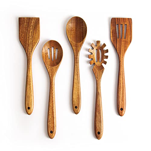 KITEISCAT Acacia Wooden Spoons for Cooking: 5-Piece Kitchen & Cooking Utensils Set - Wooden Spatula, Slotted & Pasta Spoon - Essential Wooden Utensil Set