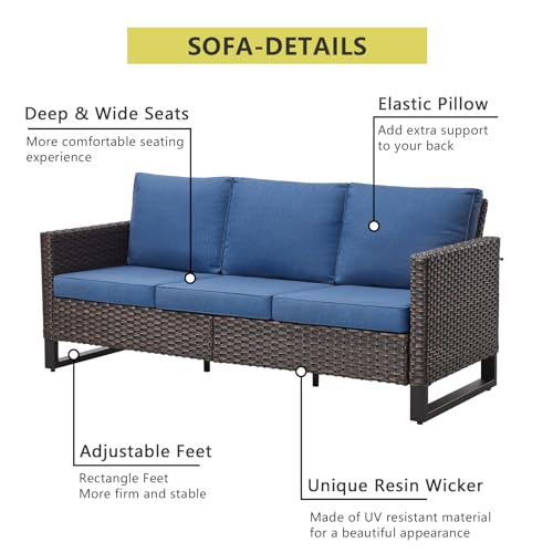 HUMMUH 10 Piece Patio Furniture Set PE Wicker 12-Seater Outdoor Sectional Sofa Set with Patio Swivel Chairs Dinning Table Ottomans for Porch,Garden,Backyard,Deck(Brown/Blue)