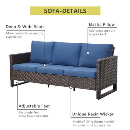 HUMMUH 10 Piece Patio Furniture Set PE Wicker 12-Seater Outdoor Sectional Sofa Set with Patio Swivel Chairs Dinning Table Ottomans for Porch,Garden,Backyard,Deck(Brown/Blue)