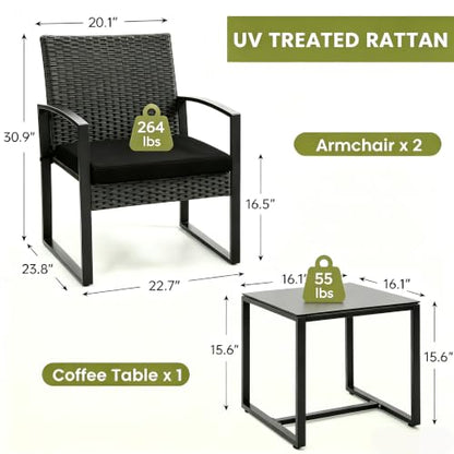 Murago Outdoor 3-Piece Wicker Bistro Set, Patio Conversation Set