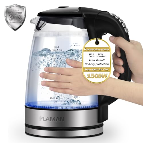 1500W Electric Kettle with Temperature Control - 6-Temp Presets for Tea/Coffee, Double Wall Cool-Touch, 4H Keep Warm, 1.7L Borosilicate Glass & BPA-Free, Fast Boil for Home/Office