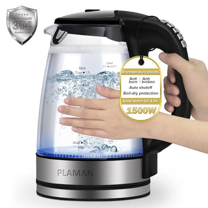 1500W Electric Kettle with Temperature Control - 6-Temp Presets for Tea/Coffee, Double Wall Cool-Touch, 4H Keep Warm, 1.7L Borosilicate Glass & BPA-Free, Fast Boil for Home/Office
