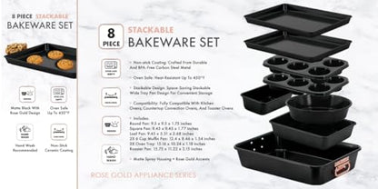 Prime Cuisine Stackable Nonstick Bakeware Set, 8 Piece Baking Pan Set, Oven Safe Carbon Steel, Includes Cookie Sheet, Muffin Pan, Loaf Pan & Roaster