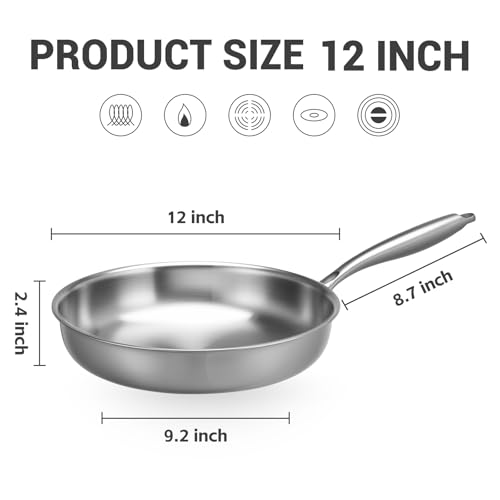Kirecoo Tri-Ply Stainless Steel Pan - 12 Inch Frying Pan, Fast and Even Heat Stainless Steel Skillet, Induction Cookware, Dishwasher and Oven Safe Skillet