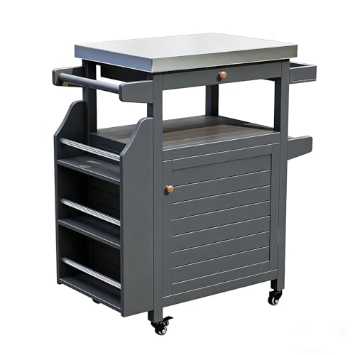 Girarvs Outdoor Grill Cart with 304 Stainless Steel Tabletop and Storage Cabinets, Movable Kitchen Island with 360 Lockable Wheels for BBQ Food Prep, Solid Wood Outdoor Kitchen Station(Dark Gray)