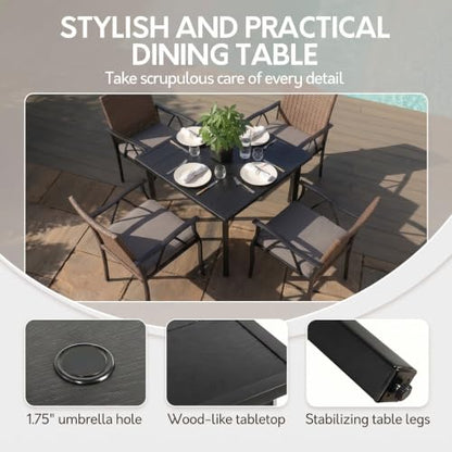 Andehomy 5-Piece Patio Dining Set for 4, Outdoor Dining Set with 4 Wicker Patio Dining Chairs with Cushions & 1 Black Square Woodgrain Dining Table with 1.75" Market Umbrella Hole, Black & Brown