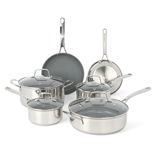 Martha Stewart Delaroux 10 Piece Stainless Steel Pots and Pans Kitchen Cookware Set w/PFAs Free Premium Nonstick Ceramic Interior