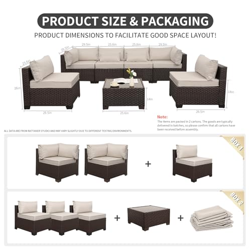 Rattaner 7 Pieces Wicker Patio Furniture Conversation Set Outdoor Sectional Sofa Glass Coffee Table with Non-Slip Cushions and Furniture Cover, Beige
