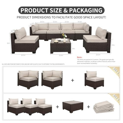 Rattaner 7 Pieces Wicker Patio Furniture Conversation Set Outdoor Sectional Sofa Glass Coffee Table with Non-Slip Cushions and Furniture Cover, Beige