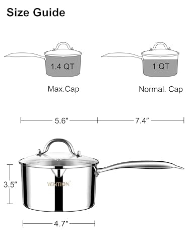 VENTION Tri-Ply Stainless Steel 1 Quart Saucepan with Lid, Bright Small Sauce Pan with Pour Spout, Small Pots for Cooking