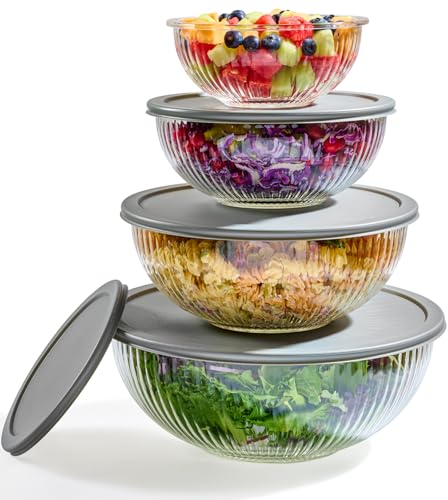 8pc Ribbed Glass Mixing Bowls with Leakproof Airtight Lids - BPA-Free Meal Prep Stackable Space Saving Nesting, Kitchen Baking Food Storage & Serving Containers - Microwave, Freezer, Dishwasher Safe.