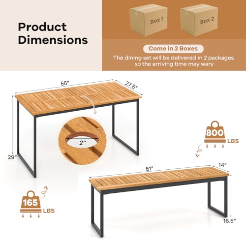 Tangkula 3 Pieces Outdoor Dining Set for 6 People, 55 inch Rectangle Patio Table & 2 Benches with Acacia Wood Tabletop, Metal Frame & Umbrella Hole, Dining Furniture for Yard, Garden, Poolside