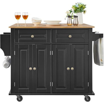 VEVOR Kitchen Island Cart, 35" Wood Top Mobile Carts with Storage Cabinet, Rolling Table with Drop Leaf, Spice Rack, Towel Bar, Adjustable Shelf, Drawer, and Hooks, Portable Islands on Wheels, Black