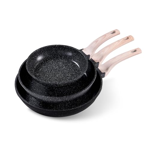 CAROTE Non Stick Frying Pan Skillet Set, Omelet Pan, Healthy Non Toxic Granite Chef Pan, Induction Compatible Egg Frying Pan with Heat-Resistant Handle, PFOA-Free,Black, 8"+10"+12"